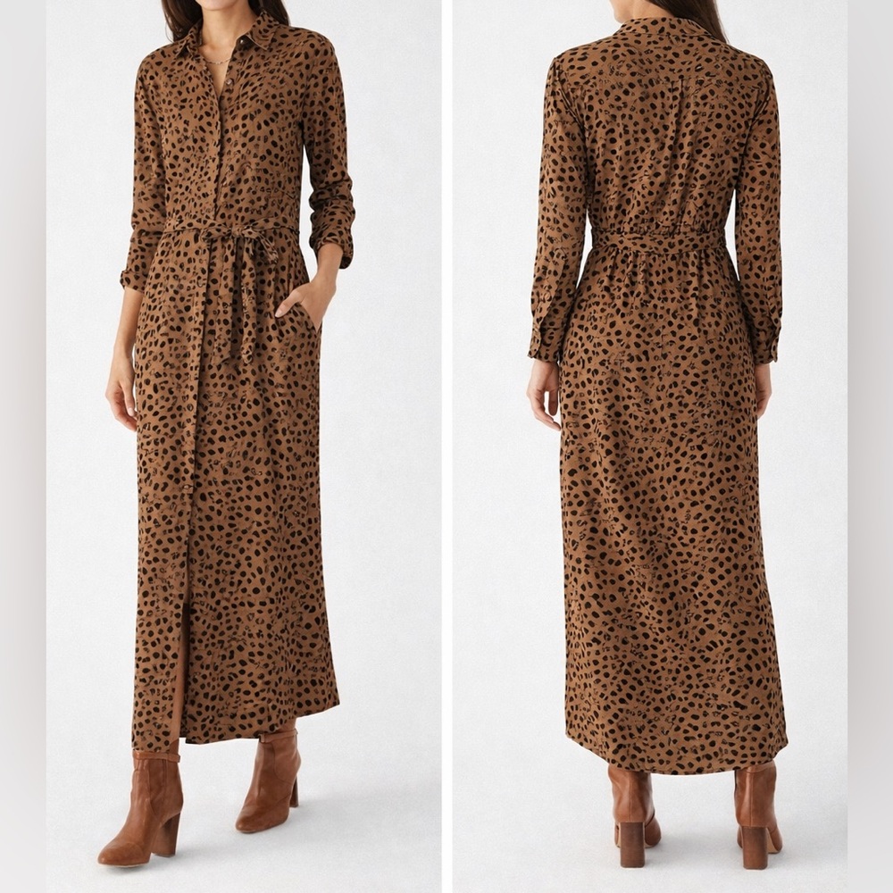 Cloth & Stone Leopard Print Maxi Shirt Dress Belted Button Front Size L Boho Chi